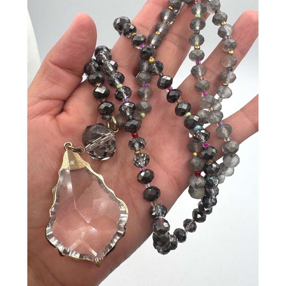 Smoky Grey Faceted Glass Beaded Long Necklace Clear Crystal Pendant No Clasp